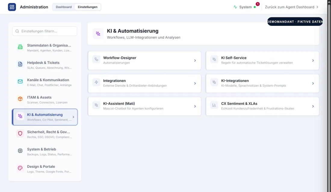 AISupportDesk Einstellungen für KI, Workflows und Integrationen